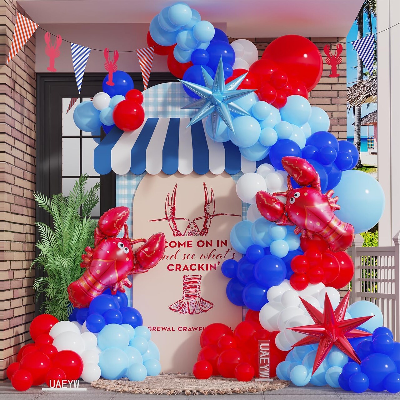 Crawfish Balloon Garland Arch Kit 143Pcs Red Blue White Balloons with Crawfish Lobster Foil Balloons(Red Blue)